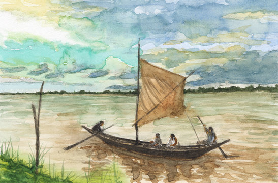 Watercolor painting - Myanmar Vietnam Junk on the river