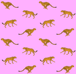 Vector seamless pattern of black line hand drawn yellow orange cheetah silhouette isolated on pink background
