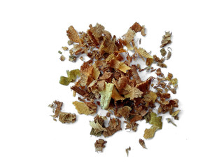 Pile of wood shavings and wood powder isolated on white background. Wood sawdust on white background.