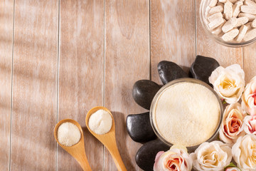 Pills and collagen protein powder - Hydrolyzed. Text space