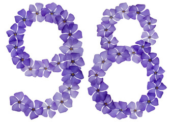 Numeral 98, ninety eight, from natural blue flowers of periwinkle, isolated on white background