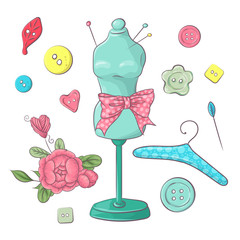 Set of mannequin sewing accessories. Hand drawing. Vector illustration
