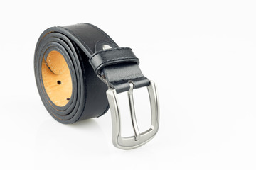 Black leather belt on white background.