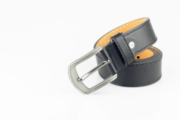 Black leather belt on white background.