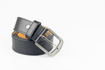 Black leather belt on white background.