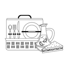 Picnic basket with products in black and white