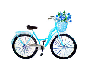 Fototapeta na wymiar watercolor ilustration of blue retro bicycle with flowers in a basket, isolated on white