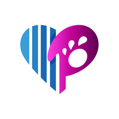 pet care logo, letter p and silhouette of the palm in love, logo template