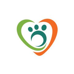 Pet care abstract vector logo, flat palm of animal in love, logo design
