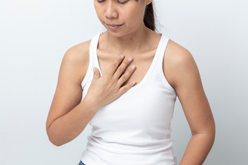 asian young woman suffering from reflux acids Isolated on white background.