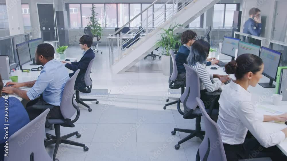 Aufkleber Diverse Team of Business Managers and Specialists Work on Desktop Computers with Two Rows of Tables Side by Side. Young and Motivated Business people in Modern Open Office.