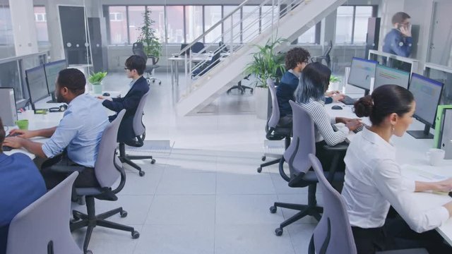Diverse Team of Business Managers and Specialists Work on Desktop Computers with Two Rows of Tables Side by Side. Young and Motivated Business people in Modern Open Office.