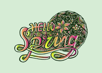 Hello Spring colorful, hand drawn doodle floral and lettering, are used for holiday greeting card invitations