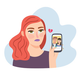 Broken heart on social media. Stalking ex-boyfriend with new girlfriend on mobile application. Jealous woman in tears holding phone with cheating boyfriend on screen. Flat style, vector illustration.