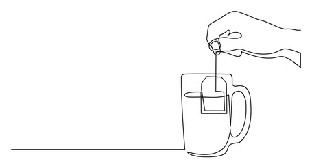 continuous line drawing of hand holding tea bag above mug