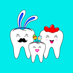 Cute cartoon tooth family, Dad, mom and child in Easter concept. Vector illustration isolated on blue background.