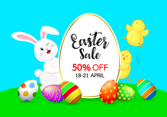 Easter sale with white rabbit and little chicks. Cartoon  character design with oval shape banner. Illustration isolated on blue background.