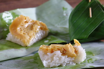 Sticky rice with steamed custard in thai food