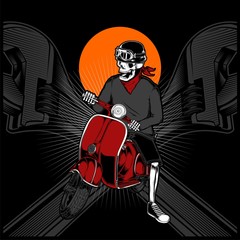 skeleton driving a vintage scooter - Vector