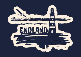Lighthouse on brush stroke seashore. Clouds line with retro airplane. England country name text.