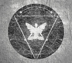 Mystery, witchcraft, occult and alchemy tattoo sign. Mystical vintage gothic geometry thin lines symbol with butterfly woman in lotus yoga pose
