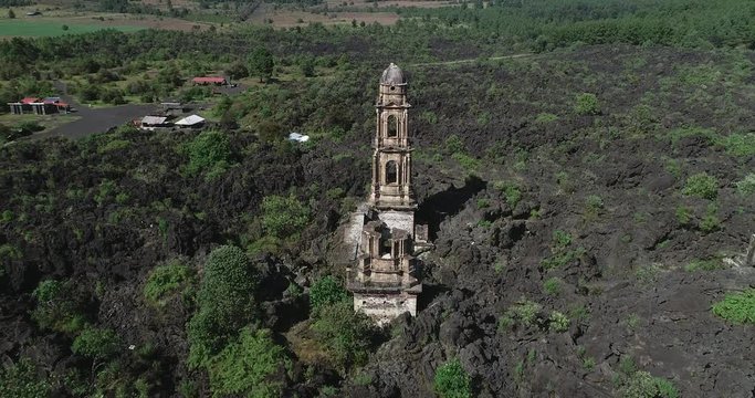 paricutin ruin side vertigo zoom over tower in mexico