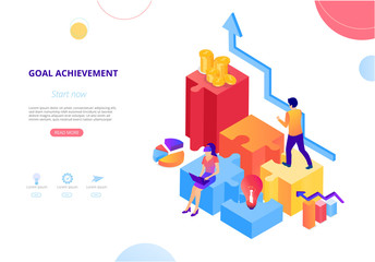 Goal achievement. Homepage template with people work and increase efficiency and income.