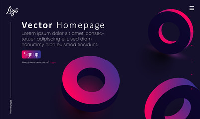 Purple web homepage template with icons and pink spectrum circles pattern.