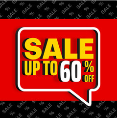 Sale up to 60% off. Red promo poster with speech bubble and colorful text.