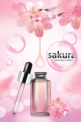 Sakura or cherry blossom oil extract essence with flower and bubble on background template. Vector set of element for advertising, banner, packaging design.