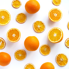 Fruit chips from oranges, dried fruit, slices. Fruit pattern. Top view, flat layout.