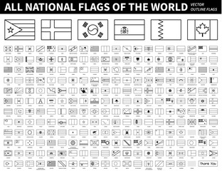 All national flags of the world . Outline shape design . Editable stroke vector .