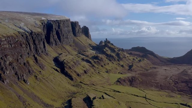Spectacular Aerial drone flight over The Quiraing, Staffin, Isle of Skye