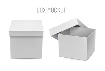 Blank cardboard boxes mockups isolated on white background vector illustration. Front view closed and opened realistic white box for retail advertising campaign. Template for create branding identity.