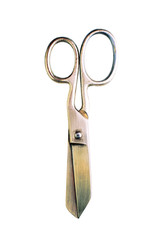 cutting and sewing: striny metal scissors of gold color, traces of long operation, isolated on white