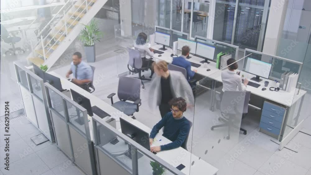 Poster Timelapse of Diverse Multinational Team of Business Managers and Specialists Working on Desktop Computers, Have Discussion with Colleagues. Young and Motivated Business People in Modern Open Office.
