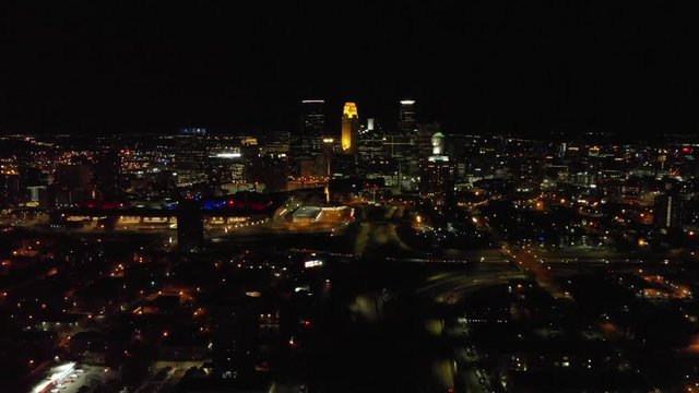 aerial footage of downtown Minneapolis at night
