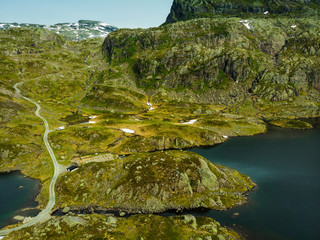 Aerial view. Road and lakes in mountains Norway
