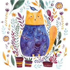 Watercolor Illustration with cute cat and floral pattern
