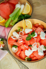 Summer light salad of watermelon, lime, mint and cheese