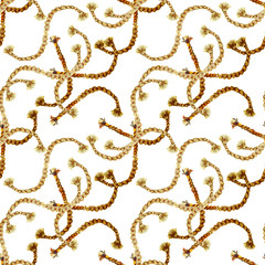 Seamless pattern sea nautical illustration. Watercolor hand drawn fashion texture with ropes on white background. Watercolour print for textile, fabric, wrapping, wallpaper.