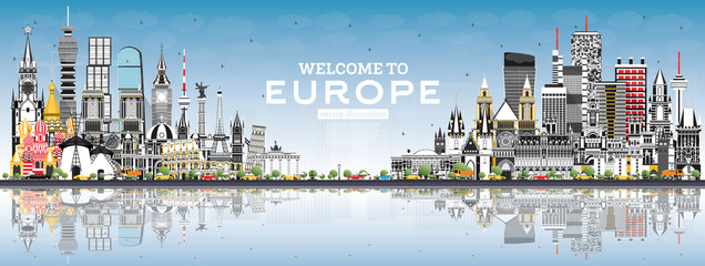 Fototapeta na wymiar Welcome to Europe Skyline with Gray Buildings and Blue Sky.