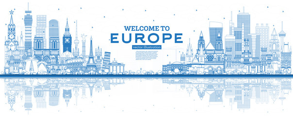 Outline Welcome to Europe Skyline with Blue Buildings. © BooblGum
