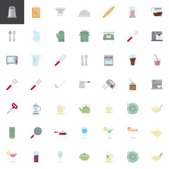 Kitchen utensils elements collection, flat icons set, Colorful symbols pack contains - Cheese grater, Cutting board, food strainer, Cutlery. Vector illustration. Flat style design