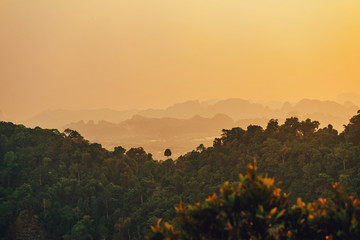 Look on the Krabi province mountains from Tiger Cave temple at the sunset