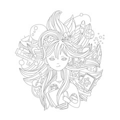 Cute hand draw illustration about science girl. Science elements -chemist, physics, math, astronomy around little girl. Vector cartoon outline illustration. Girl with books and science icon, circle