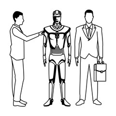 businessmen with humanoid robot black and white