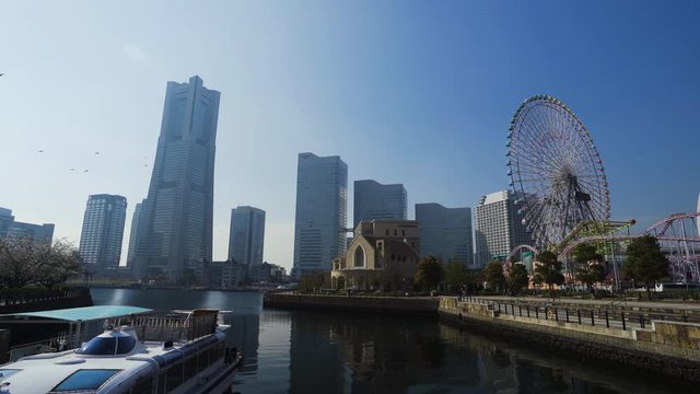 skyline of Minatomirai, view from the bay in Yokohama city, Japan