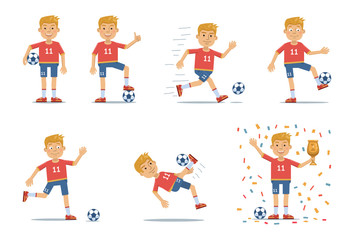 Set of football player characters showing different actions. Cheerful soccer player standing, running, kicking the ball, jumping, celebrating victory. Simple style vector illustration