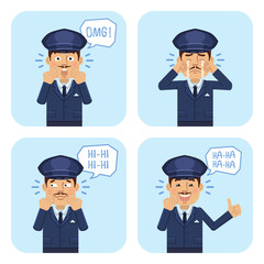 Set of chauffeur characters showing different facial expressions. Cheerful driver showing thumb up gesture, laughing, crying, smiling, surprised. Flat style vector illustration